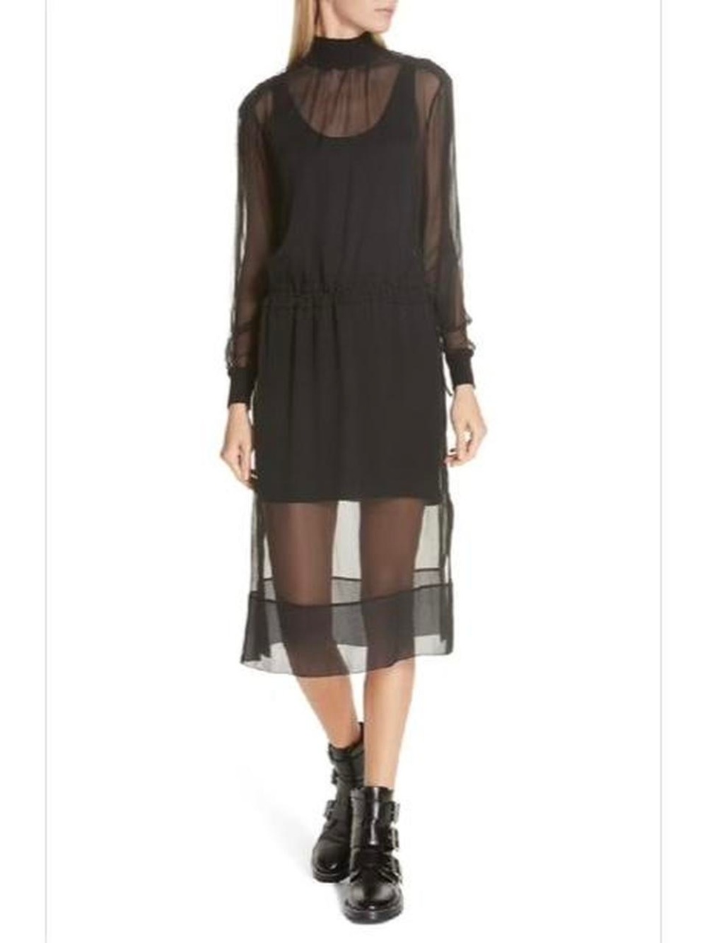 rag & bone Dinah Black Sheer Long-Sleeve Midi Dress